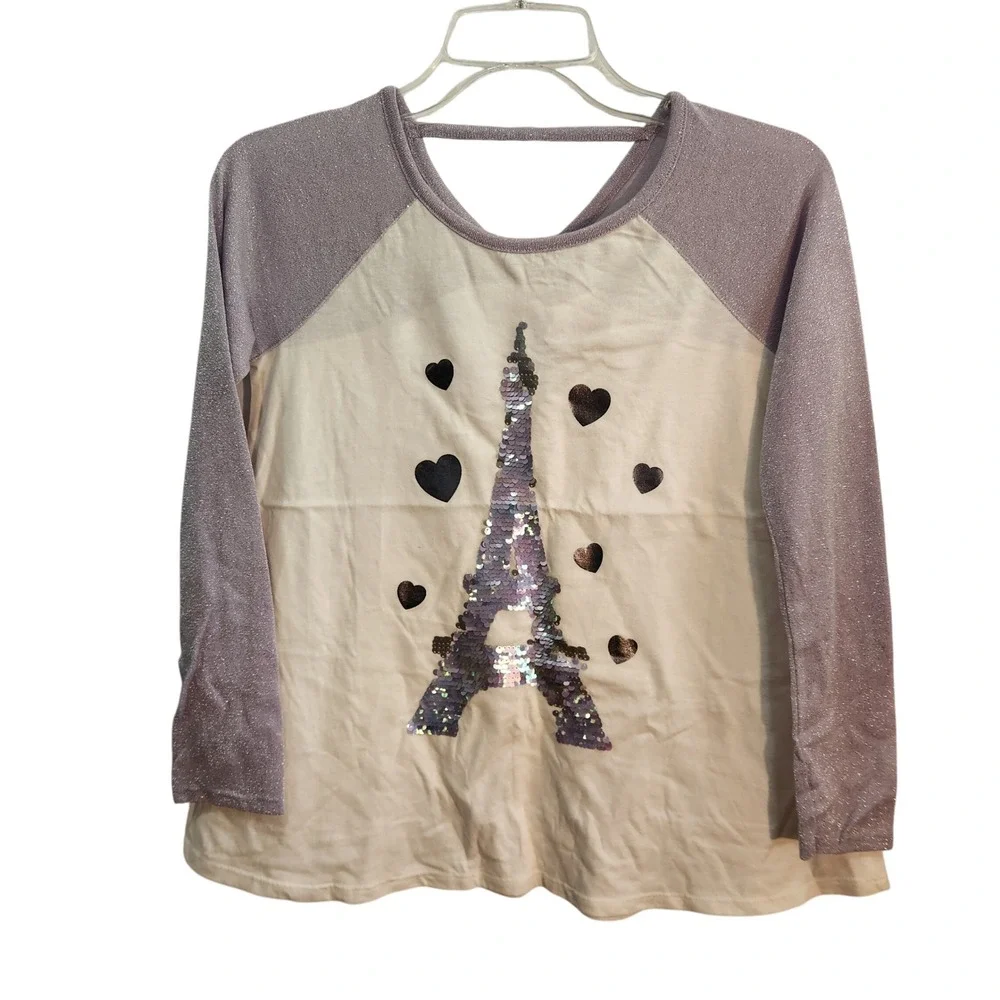 Justice Girls‎ Size 12 Top Long Sleeve Paris Eiffel Tower Hearts Sequined New